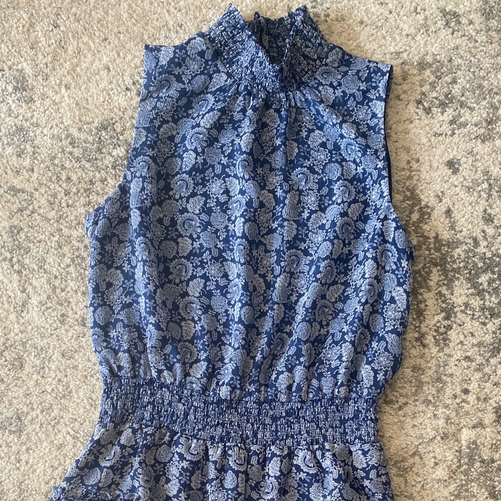1.Slate Floral Print Smocked Neck Sleeveless Dress - Picture 3 of 11